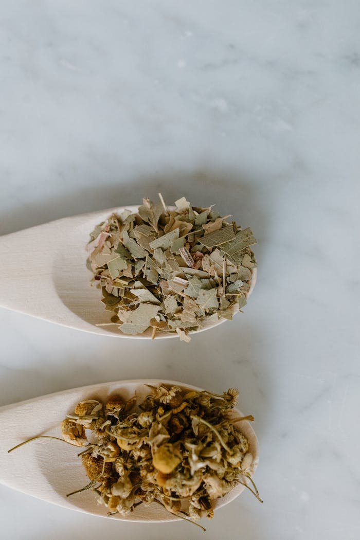 Top view of dried herbal leaves and flowers in wooden spoons, ideal for alternative medicine concepts.